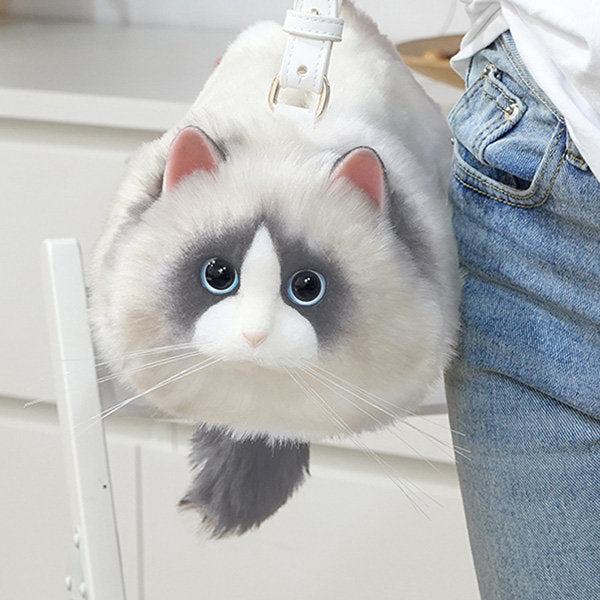 Adorable Cat-Inspired Crossbody Bag - Faux Fur - 3 Sizes - White - Black - Gray