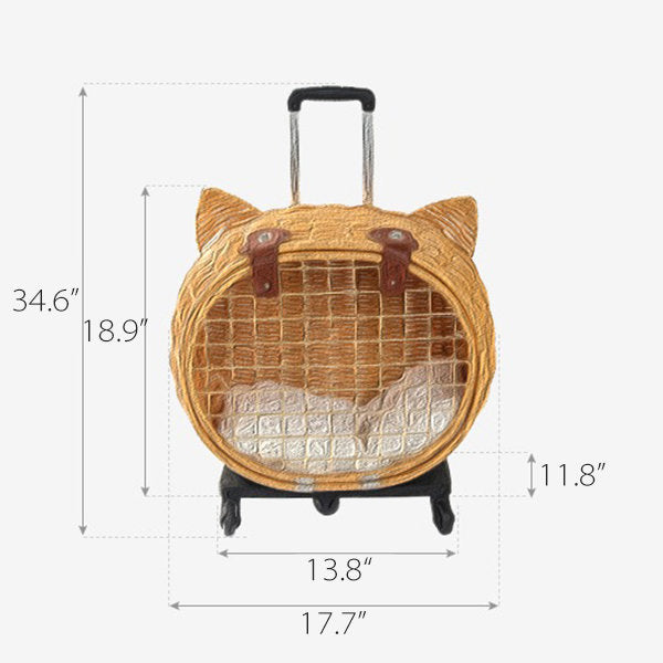 Whimsical Rattan Cat Carrier Trolley - Adorable Cat-ear Design - Easy-to-use Handle