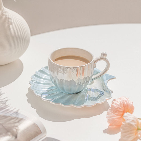Ceramic Seashell Pearl Cup and Saucer Set - Elegant Accent - Pink - Blue