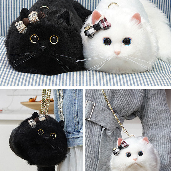 Adorable Cat-Inspired Crossbody Bag - Faux Fur - 3 Sizes - White - Black - Gray