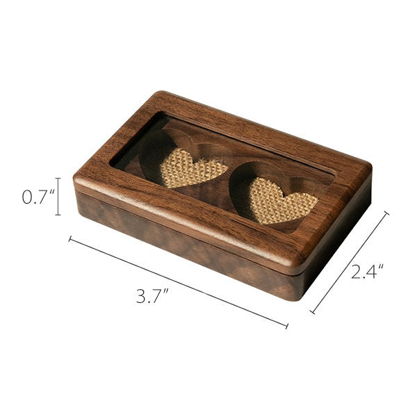 Black Walnut Wedding Ring Box - Heart-shaped Compartments - Glass Lid for Display