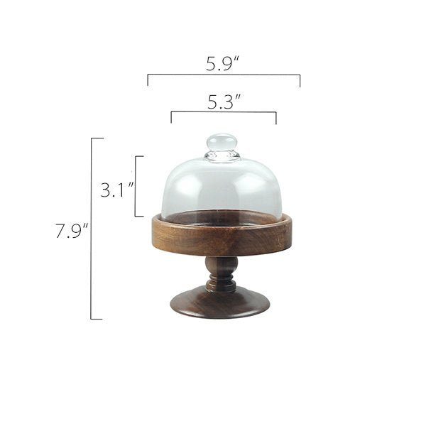 Elegant Pedestal Dessert Stand - Wooden Base - Glass Dome - Party or Wedding