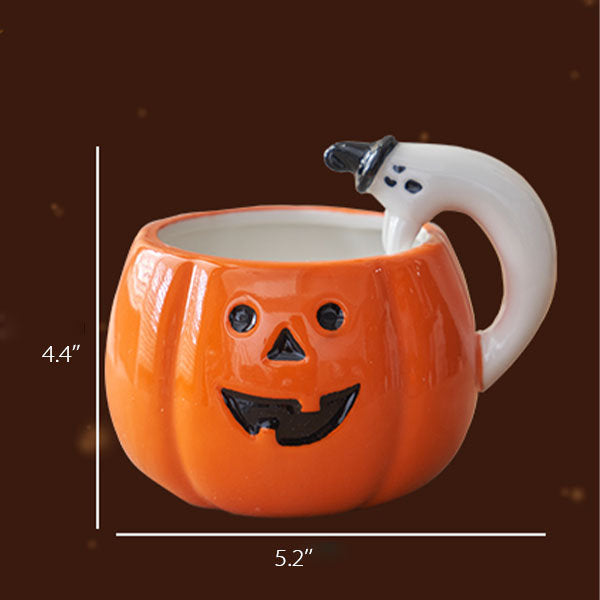 Halloween Pumpkin Mug – Ghost Handle – Ceramic Coffee Cup – Festive Fall Drinkware
