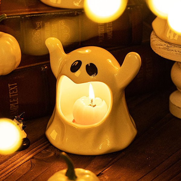 Halloween Ghost Candle Holder - Ceramic - Festive Holiday Décor - White Glossy Finish