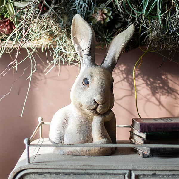 Bunny Statue Decoration - For Easter - Vintage Finish - Magnesium Oxide - Thinking Pose