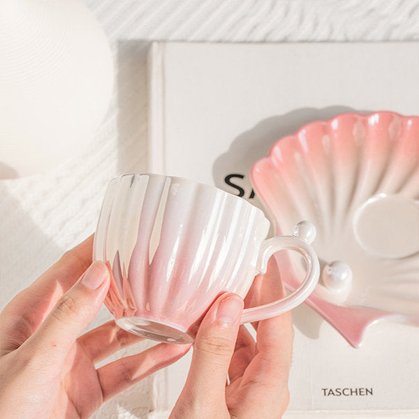 Ceramic Seashell Pearl Cup and Saucer Set - Elegant Accent - Pink - Blue