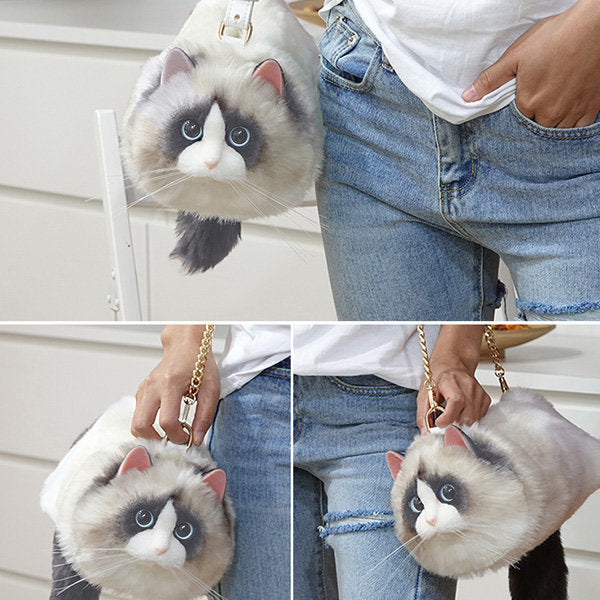 Adorable Cat-Inspired Crossbody Bag - Faux Fur - 3 Sizes - White - Black - Gray