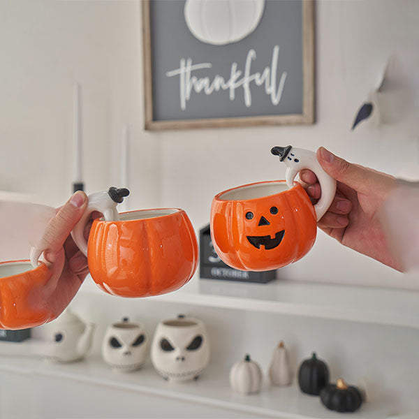 Halloween Pumpkin Mug – Ghost Handle – Ceramic Coffee Cup – Festive Fall Drinkware