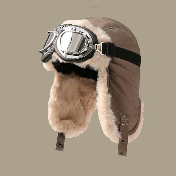 Aviator Winter Hat - Detachable Goggles - Thick Plush Lining - Warm & Stylish - Khaki