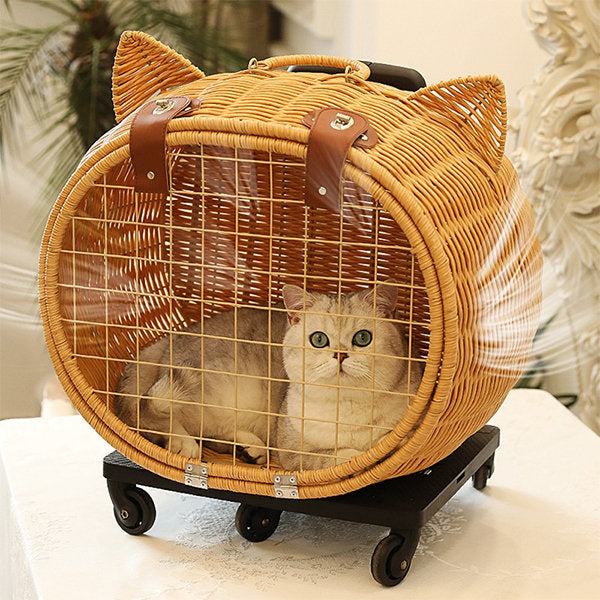 Whimsical Rattan Cat Carrier Trolley - Adorable Cat-ear Design - Easy-to-use Handle