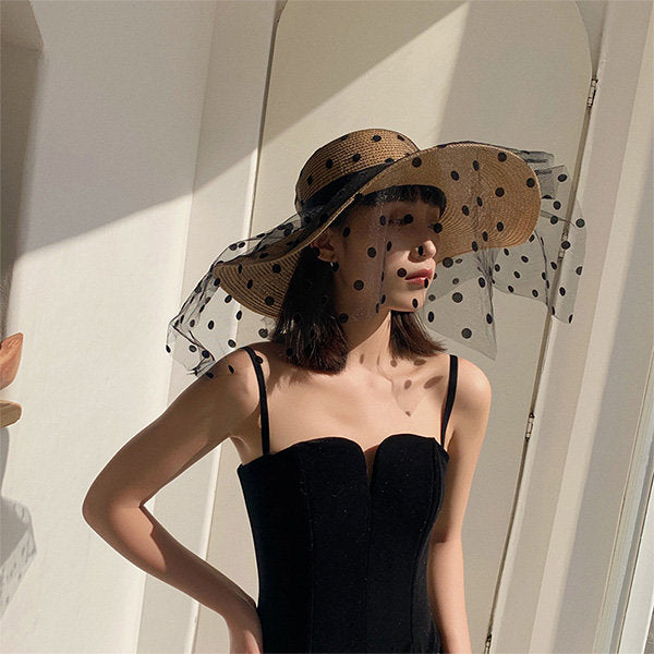 Polka Dot Mesh Beach Hat - Wide Brim for Sun Protection - For Summer
