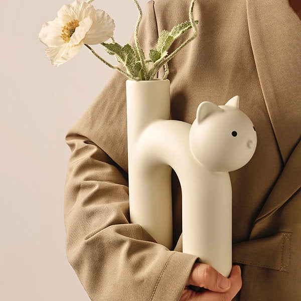 Adorable Cat-Shaped Ceramic Vase - Playful and Charming - Pink - Beige