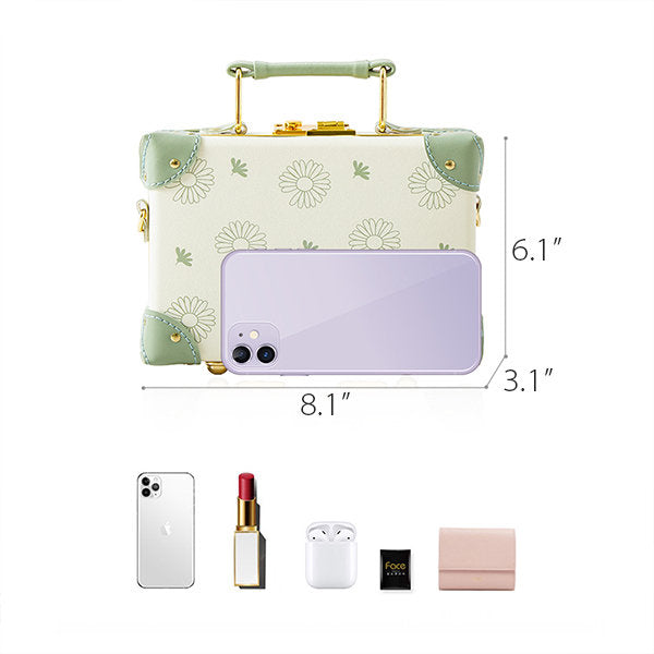 Elegant Daisy Suitcase - Green - Pink - Vintage-inspired