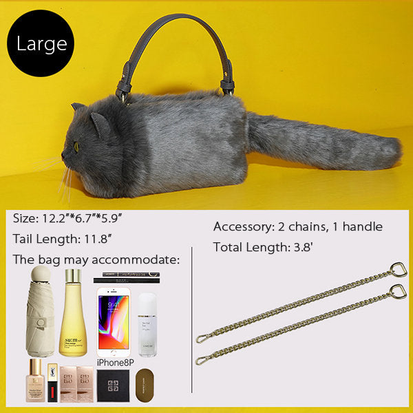 Adorable Cat-Inspired Crossbody Bag - Faux Fur - 3 Sizes - White - Black - Gray