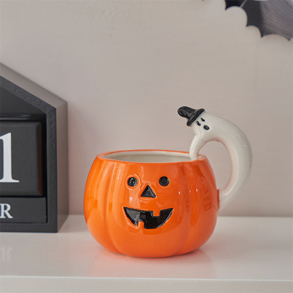 Halloween Pumpkin Mug – Ghost Handle – Ceramic Coffee Cup – Festive Fall Drinkware