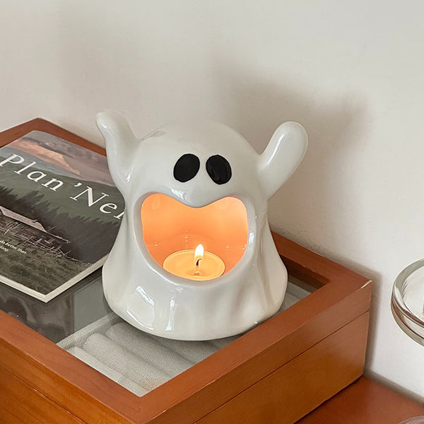 Halloween Ghost Candle Holder - Ceramic - Festive Holiday Décor - White Glossy Finish