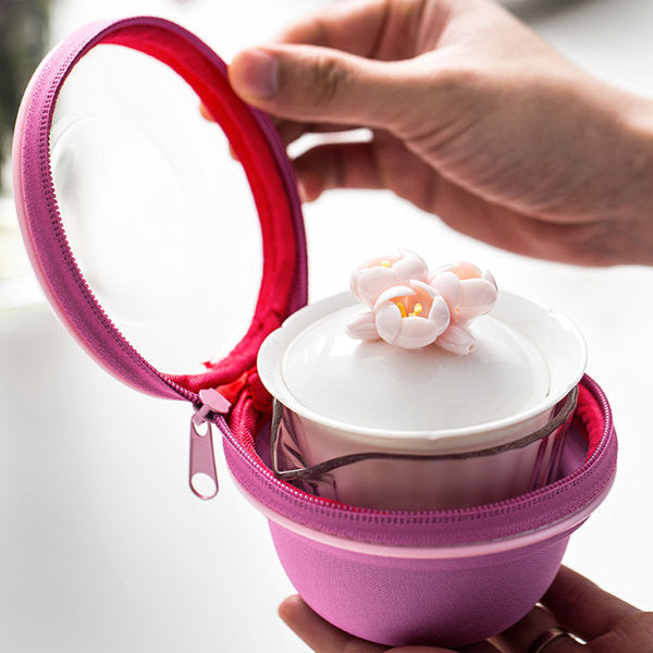 Elegant Floral Travel Tea Set - White - Pink - Compact and Portable - Perfect for travel