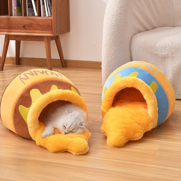 Honey Pot Cat Bed - Soft Plush - Brown - Blue - Perfect for Naps