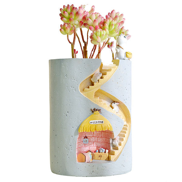 Hidden Home Planter - Resin Succulent Pot - Rabbit and Hedgehog Design