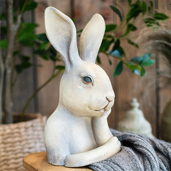 Bunny Statue Decoration - For Easter - Vintage Finish - Magnesium Oxide - Thinking Pose