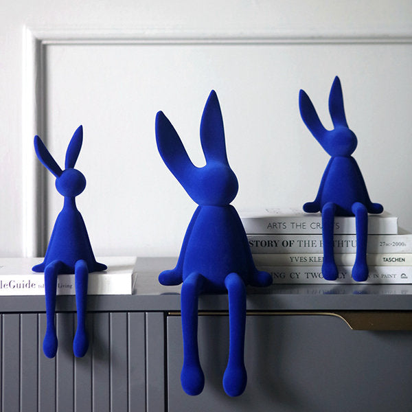 Klein Blue Rabbit Decor - Flocked Resin Sculpture - Modern Home Accent - Art Desk Ornament - Unique Shelf Display