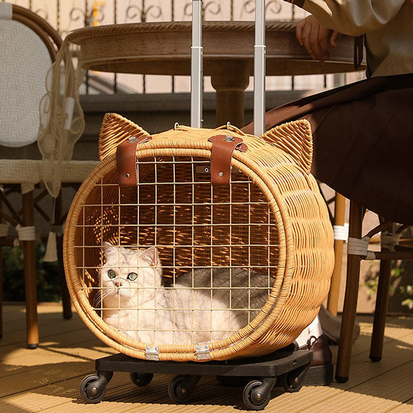 Whimsical Rattan Cat Carrier Trolley - Adorable Cat-ear Design - Easy-to-use Handle