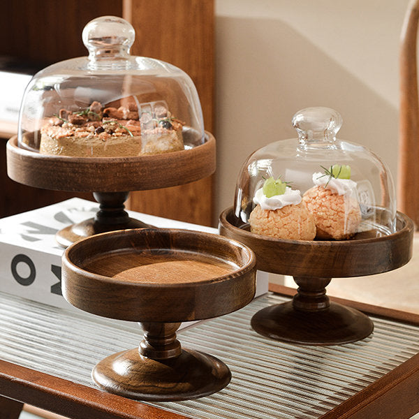 Elegant Pedestal Dessert Stand - Wooden Base - Glass Dome - Party or Wedding