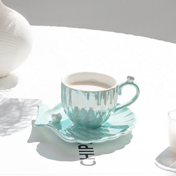 Ceramic Seashell Pearl Cup and Saucer Set - Elegant Accent - Pink - Blue