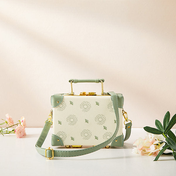 Elegant Daisy Suitcase - Green - Pink - Vintage-inspired