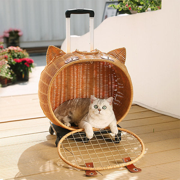 Whimsical Rattan Cat Carrier Trolley - Adorable Cat-ear Design - Easy-to-use Handle