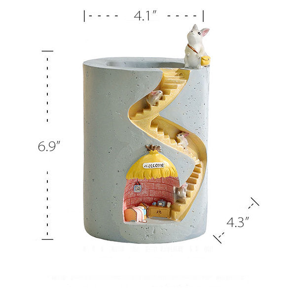 Hidden Home Planter - Resin Succulent Pot - Rabbit and Hedgehog Design