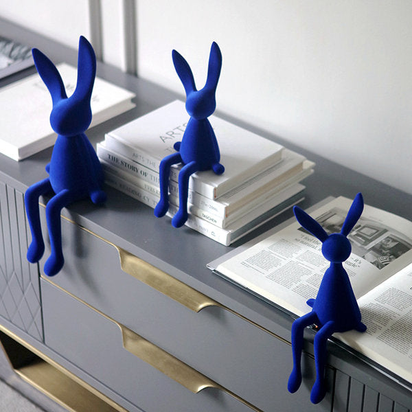 Klein Blue Rabbit Decor - Flocked Resin Sculpture - Modern Home Accent - Art Desk Ornament - Unique Shelf Display