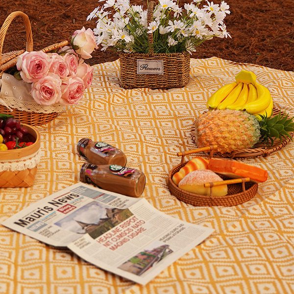 Outdoor Picnic Mat - Durable Oxford Fabric - Stylish Blue and Yellow - Geometric Pattern