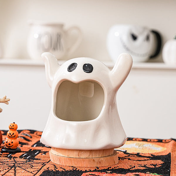 Halloween Ghost Candle Holder - Ceramic - Festive Holiday Décor - White Glossy Finish