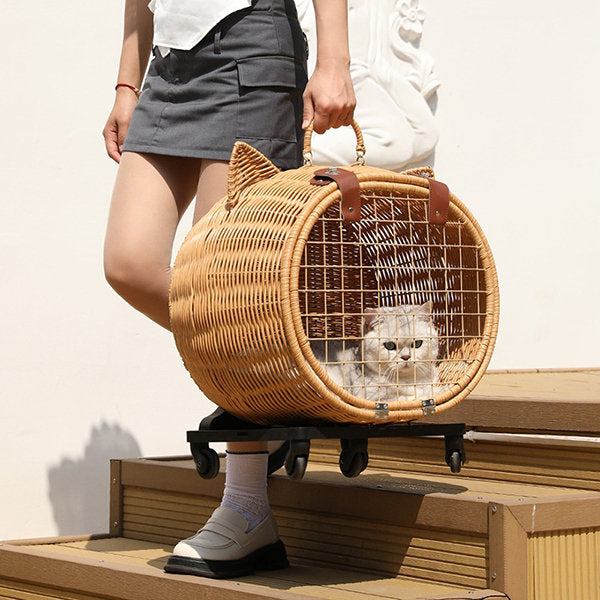 Whimsical Rattan Cat Carrier Trolley - Adorable Cat-ear Design - Easy-to-use Handle