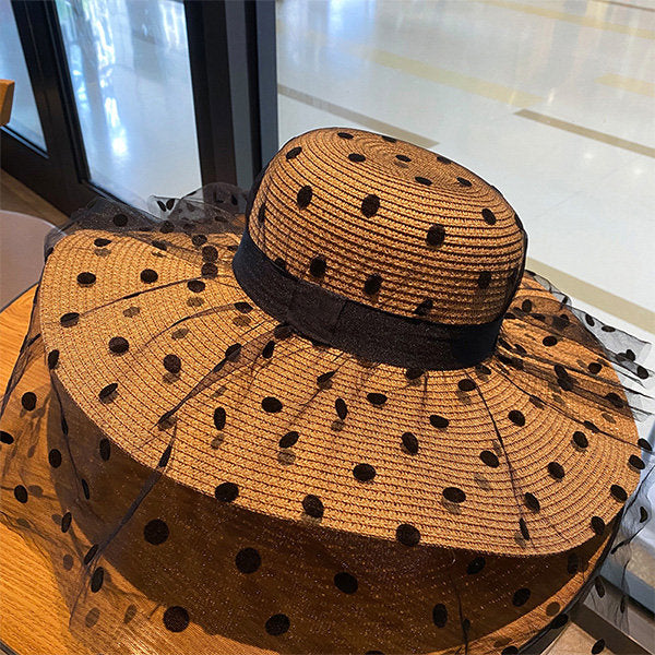 Polka Dot Mesh Beach Hat - Wide Brim for Sun Protection - For Summer
