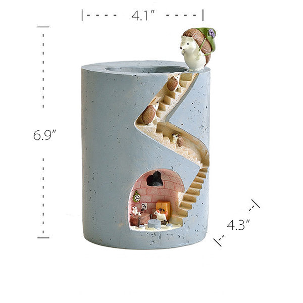 Hidden Home Planter - Resin Succulent Pot - Rabbit and Hedgehog Design