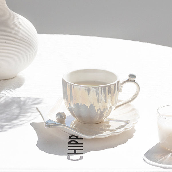 Ceramic Seashell Pearl Cup and Saucer Set - Elegant Accent - Pink - Blue