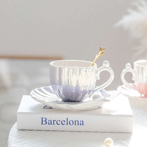 Ceramic Seashell Pearl Cup and Saucer Set - Elegant Accent - Pink - Blue