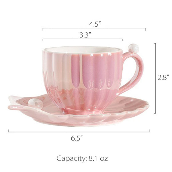 Ceramic Seashell Pearl Cup and Saucer Set - Elegant Accent - Pink - Blue