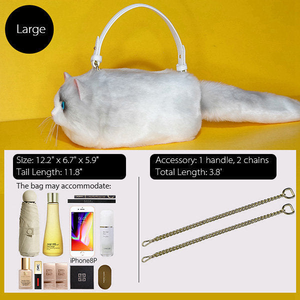 Adorable Cat-Inspired Crossbody Bag - Faux Fur - 3 Sizes - White - Black - Gray