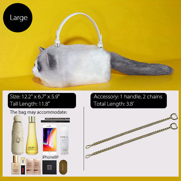 Adorable Cat-Inspired Crossbody Bag - Faux Fur - 3 Sizes - White - Black - Gray
