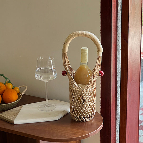 Wicker Wine Basket with Red Handle - Handcrafted Rattan and Metal Design