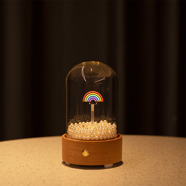 Bluetooth Speaker Lamp - Rainbow Design - Glass Dome - Beechwood Base - Vibrant Decor