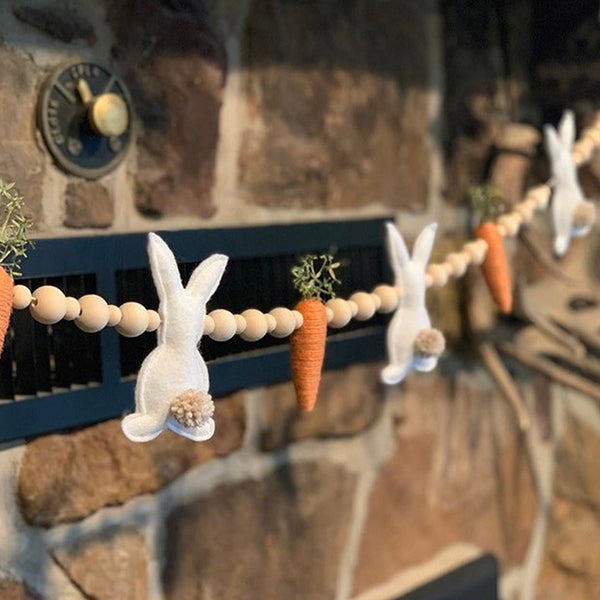 Easter Bunny Carrot and Egg Garland - Felt and Wood Bead Hanging Decoration for Spring and Holiday Decor