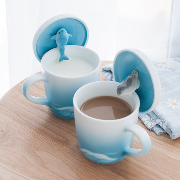 Japanese Ceramic Whale Mug - Four Styles Available - Playful Whale Lid Design - Ocean-Inspired