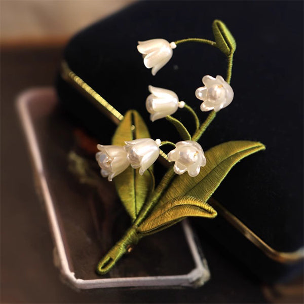 Lily of the Valley Brooch - Embroidered Floral Design - Faux Pearls and Green Leaves
