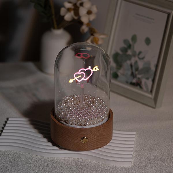 Bluetooth Speaker Lamp - Heart Design - Glass Dome - Beechwood Base - Romantic Atmosphere