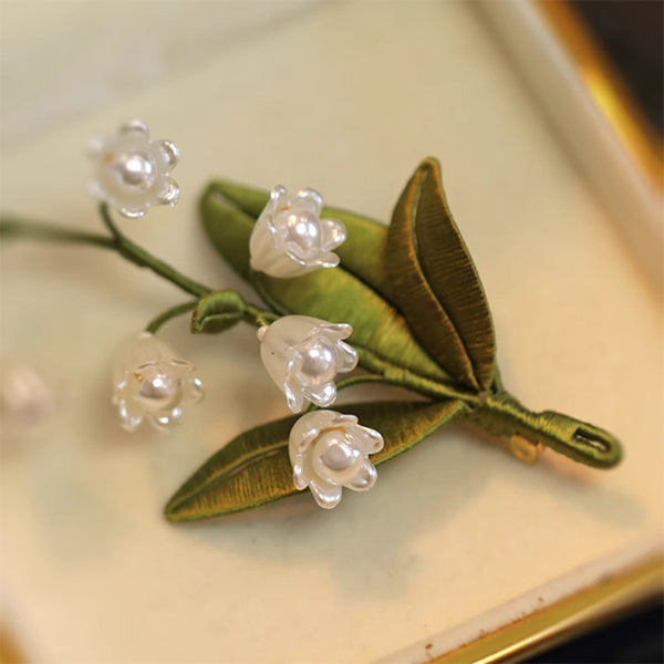 Lily of the Valley Brooch - Embroidered Floral Design - Faux Pearls and Green Leaves