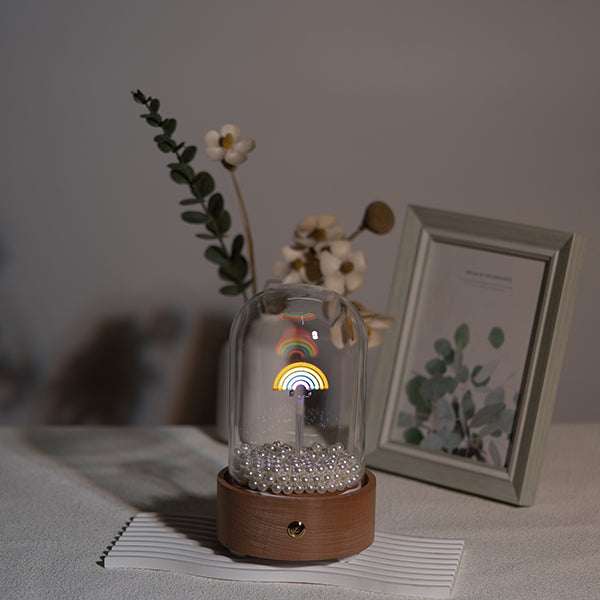 Bluetooth Speaker Lamp - Rainbow Design - Glass Dome - Beechwood Base - Vibrant Decor